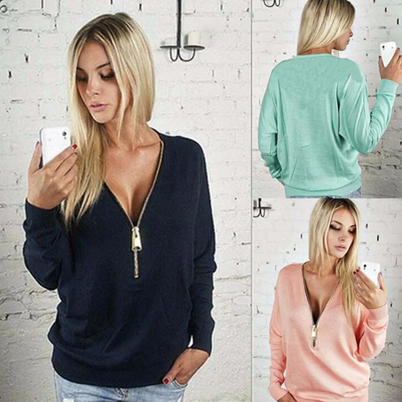 Hot Sale Long Sleeve Women T-shirt 2016 Fashion New Solid Casual t-shirt Leisure V-neck Zipper Sexy T shirt MTS1 (1)
