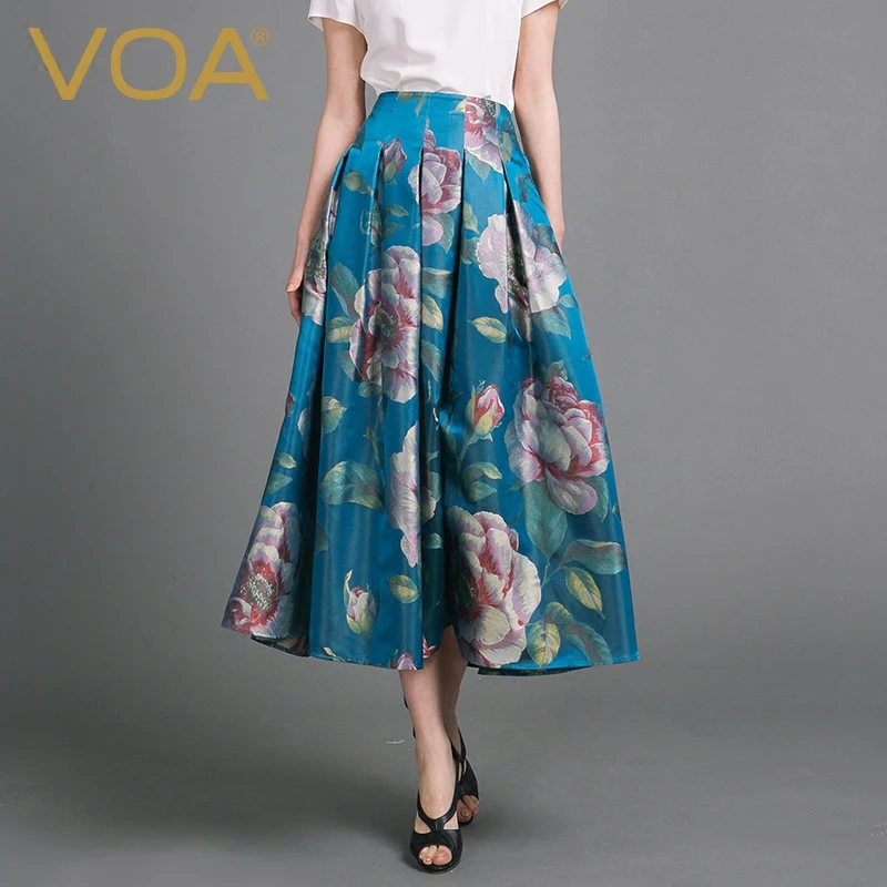 VOA 2018 новые летние синий шелковой вышивкой Для женщин макси-юбка с принтом модные весенние цветочные элегантная винтажная плиссированная