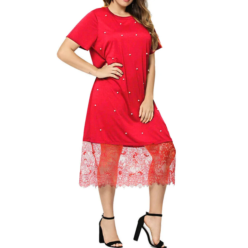 SAGACE Fashion Women Plus Size Casual O-Neck Short Sleeve Pots Printed Lace Dress Dot A-Line Summer Casual travel Dress July 17