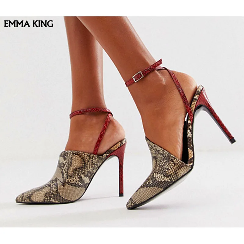 

New PU Snakeskin Pattern High Heels Slingback Pumps Women Stilettos Ankle Buckle Strap Party Shoes Woman Summer Sandals Women