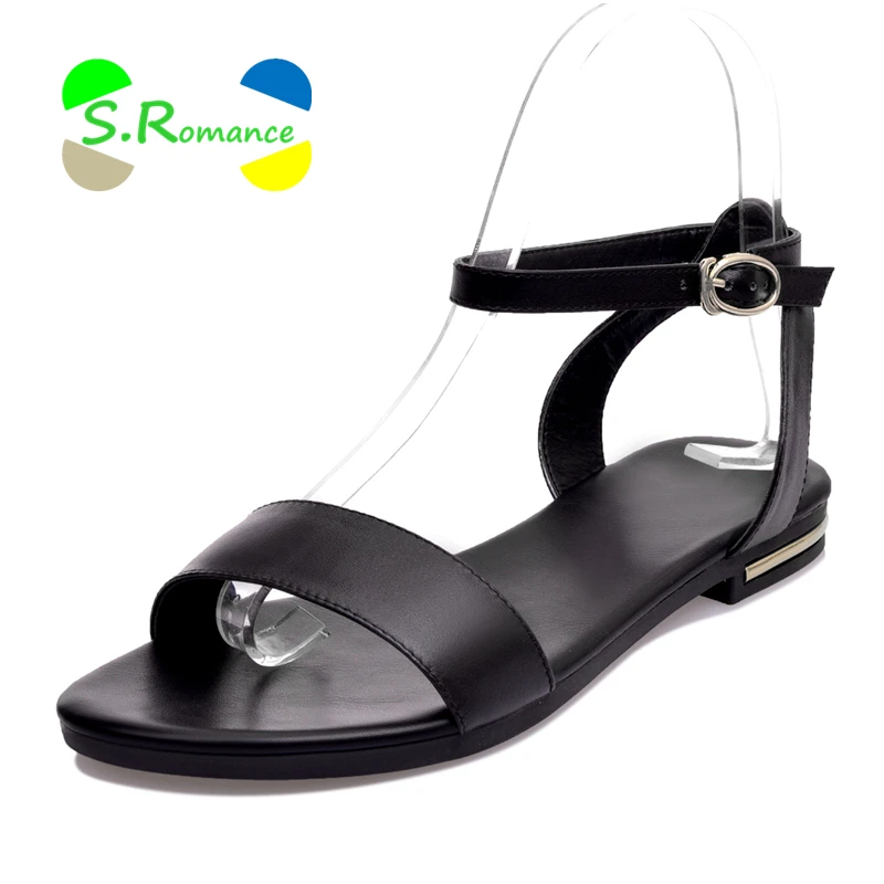 

S.Romance Women Sandals Size 33-43 Genuine Leather Full Grain Rubber Sole Ankle Strap Buckle Women's Summer Shoes SS150