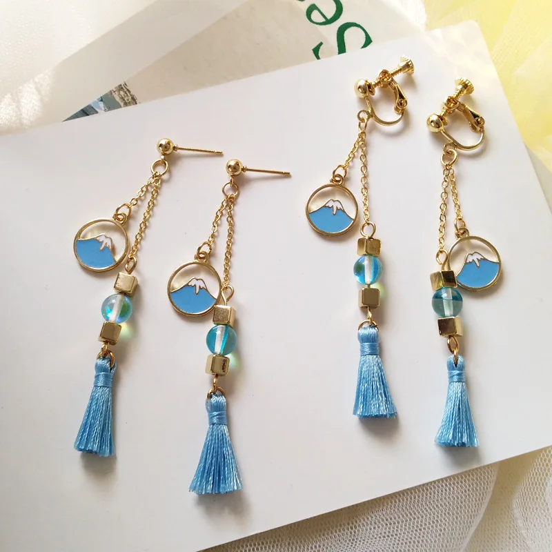 

Japanese Style Blue Glass Beads Round Circle Mount Fuji Long Cotton Tassle Clip Earrings Without Piercing for Women Lady