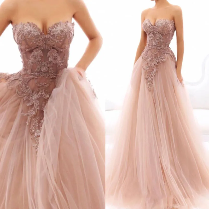 Pretty Blush Pink Tulle Party Dresses Long Formal Party Dress Appliques