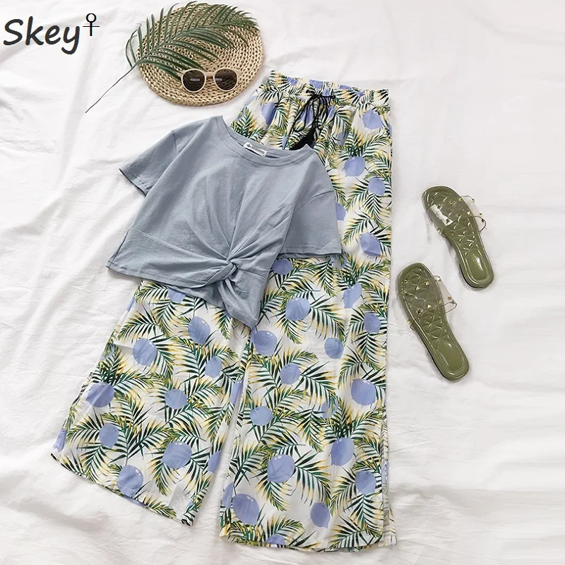 

Summer Short Top Long Pants Set Women Boho Beach Style Green High Waist Lace Up Pants + Solid Casual Tops Female 2 Two Piece Set