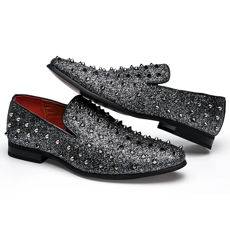 men's spike dress shoes italian silver gold slip on rhinestone loafers 2017 luxury brand unique cool male studded footwear flats (30)