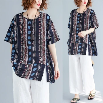 

Casual Loose Camisas Muje O-neck Split Women's Clothing Vintage Patchwork Womens Tops And Blouses Literary Tunique Femme