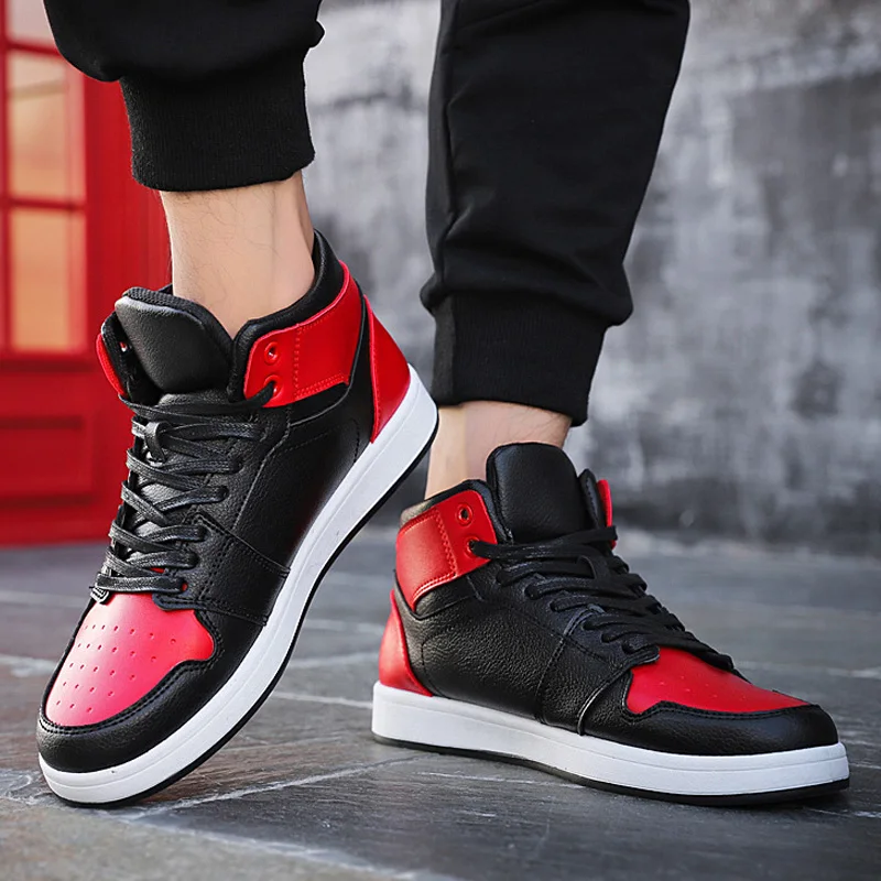 

LAKESHI Casual Shoes Sneakers Men Fashion High Top Leather Shoes Men Patchwork Men's Vulcanized Shoes Lace Up Male Shoes Adult