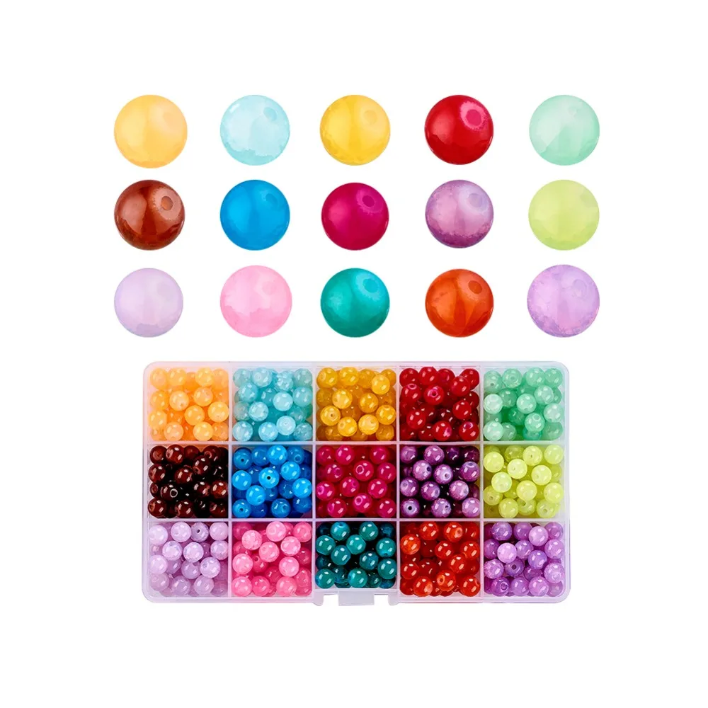 

Pandahall 1Box 15 Color Imitation Jade Crackle Glass Beads Baking Painted Round Mixed Color For Jewelry Accesories Finding