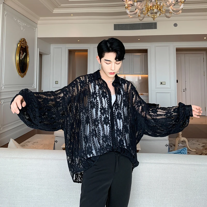 

MIXCUBIC 2019 spring summer British style retro unique palace lace shirts men casual loose Hollow perspective shirts for men