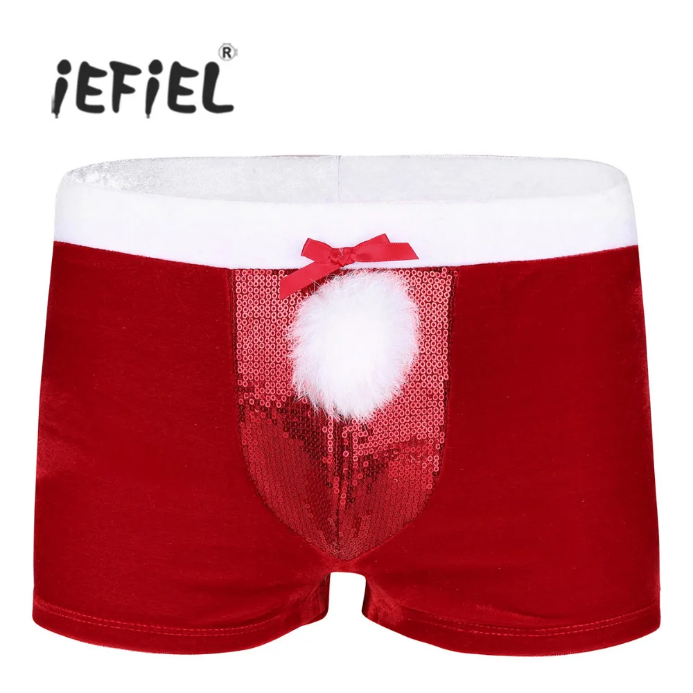 iEFiEL Red Mens Lingerie Velvet Christmas Holiday Party Boxer Shorts