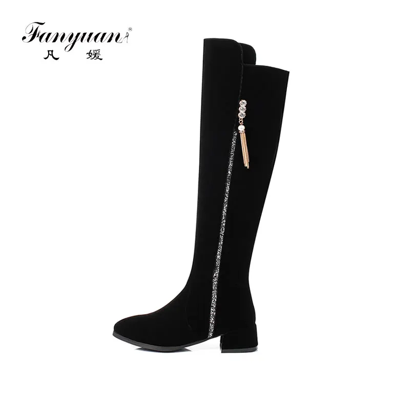 

Fanyuan Winter warm Black Flat knee-high boots Elegant Pointed Toe pearl Chain Riding boots Bling Crystal women Shoe botas Mujer