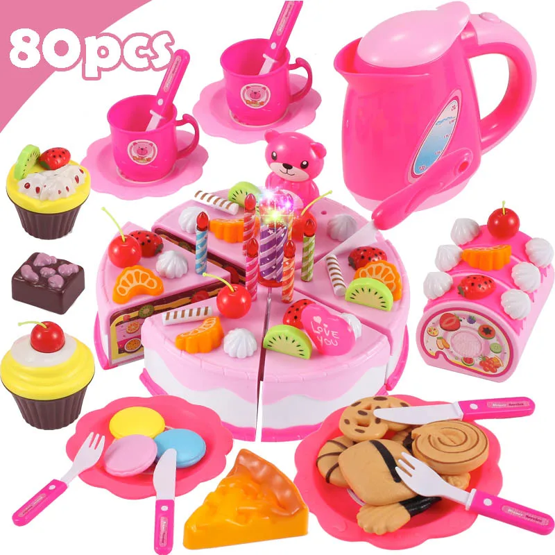 37-80Pcs DIY Pretend Play Fruit Cutting Birthday Cake Kitchen Food Toys Cocina De Juguete Toy Pink Blue Girls Gift for Children