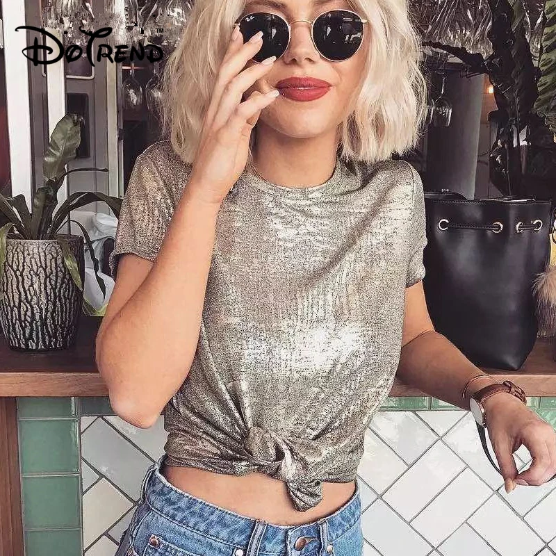 

Sexy Women T Shirt O Neck Short Sleeve Streetwear Camiseta Mujer 2019 Vogue Slim Glitter Spring Gold Solid Summer Tee Top