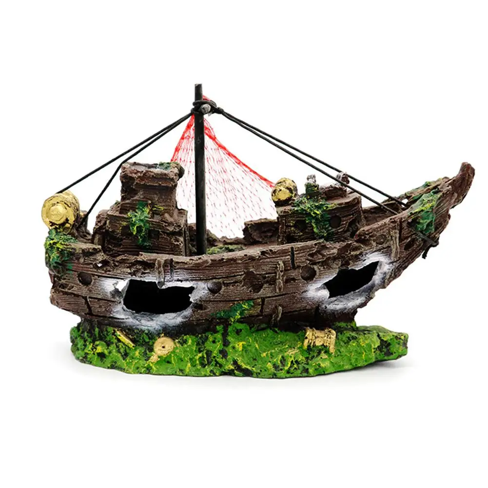 

Aquarium Landscaping Resin Boat Fish Tank Decorations Simulation Hollow Wreck Aquarium Ornament Shelter Cave Craft