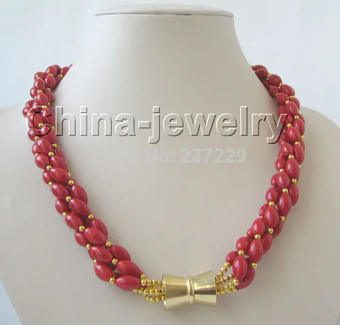 

DD Wholesale XSZ2014 ^^AAA 4row 21" 11x7mm red coral necklace - magnet clasp