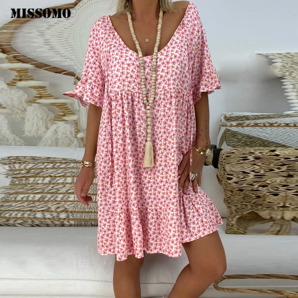 

MISSOMO Plus size dress Women 5XL Loose Mini Summer Dress 2019 Print Vestidos robe femme Bandage Short Sleeve S-5XL 612