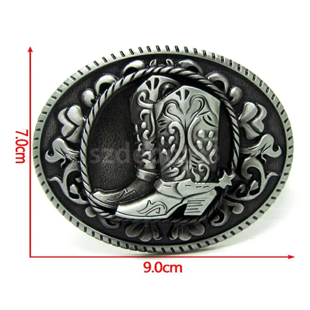 Antique Silver Oval Zinc Alloy Belt Buckle Horse Riding Boots Pattern Western Cowboy 9x7cm