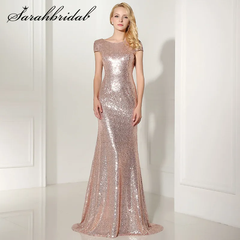 Sexy Backless Rose Gold Sequined Evening Dresses 2016 New Arrival Mermaid Long Party Gown Vestido De