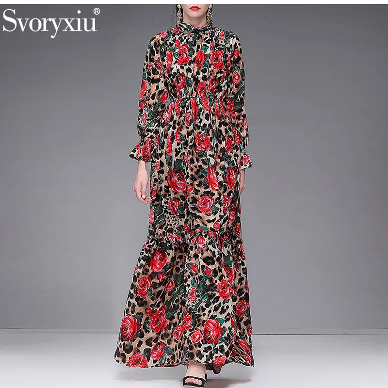 

Svoryxiu Spring Summer Runway Rose Flower Leopard Print Long Sleeve Long Dress Women's Robe Custom Big Size Muslim Long Dresses
