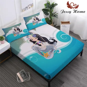 

Mermaid Kids 3Pcs Fitted Sheet with 2 Pillowcases 110gsm Polyester Color Blue Digital Printing Mattress Cover Pillow Shams