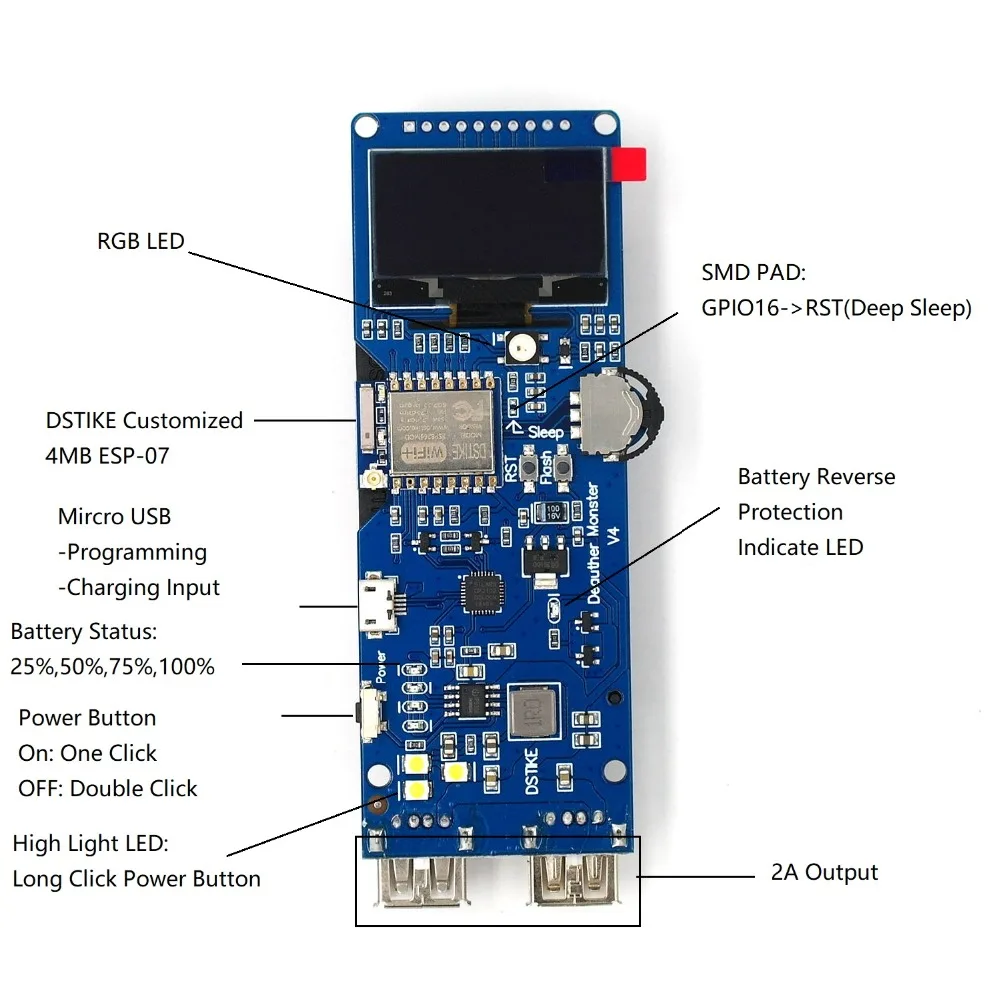 DSTIKE WiFi Deauther Monster V4 | ESP8266 18650 макетная плата Защита от обратного хода Чехол антенны
