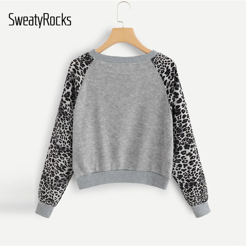 SweatyRocks, Серый леопардовый принт, Повседневный пуловер, толстовка, женские топы,, Осенние, длинный рукав, элегантные женские офисные кофты