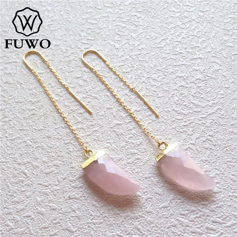 Женские серьги с натуральным розовым кварцем FUWO золотым наполнителем и резным