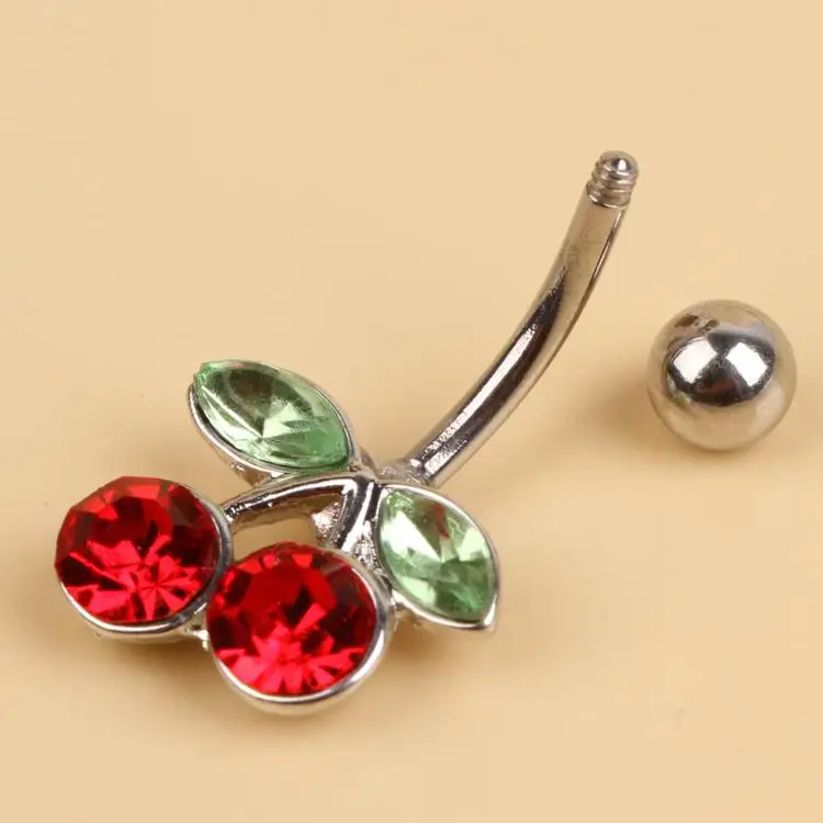 

Surgical Steel Red Cherry Rhinestones Inlaid Belly Button Navel Ring Charming Piercing Body Jewelry Navel Nail