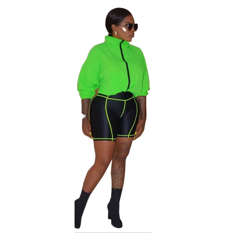 

2019 Summer Loose Neon Jacket And Biker Shorts Set Casual 2 Piece Set Women Tracksuits Sweat Suits Matching Sets