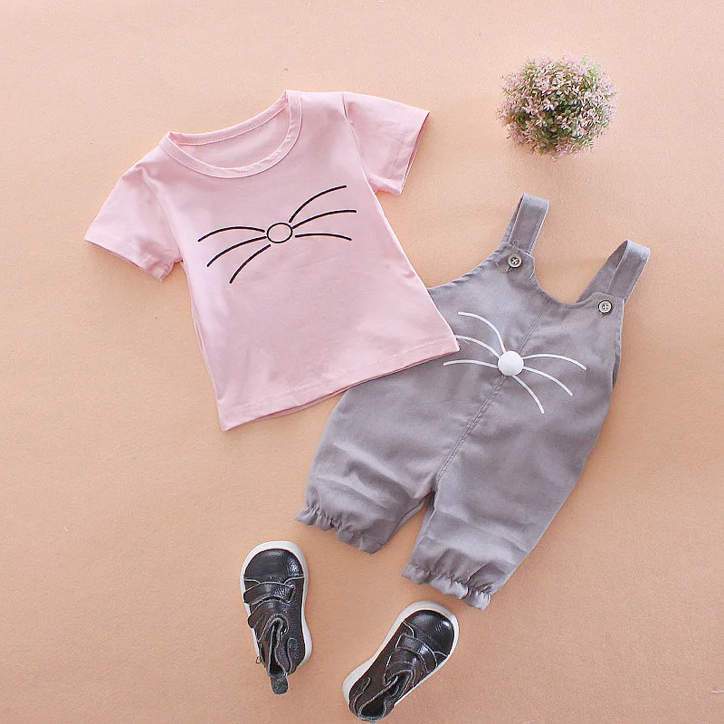 

Toddler Girl Suits Summer Costume Set For Baby Girl Cartoon Cotton Cat Casual T-Shirt + Bib Pants Children's Clothes Set