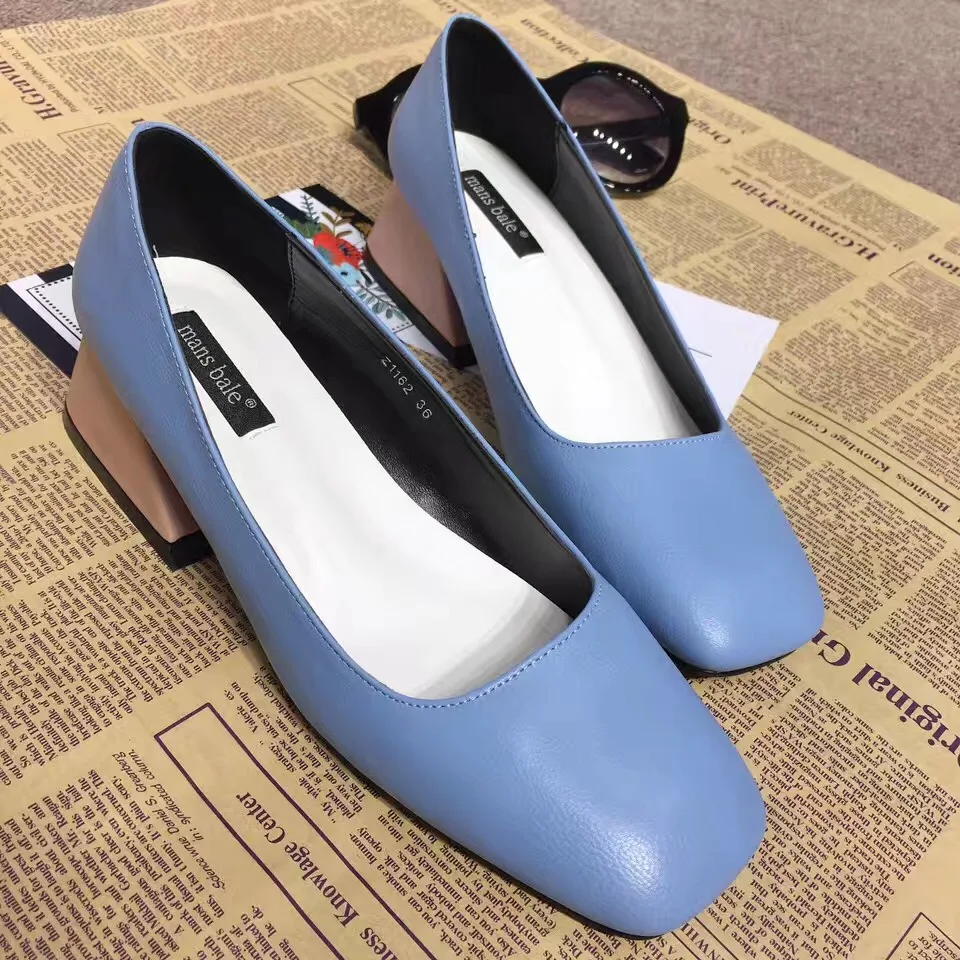 2017 New Arrival Black Pink Blue Thick High Heel Pumps 6cm Womens Heels Shallow Mouth Slip