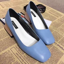 2017 New Arrival Black Pink Blue Thick High Heel Pumps 6cm Womens Heels Shallow Mouth Slip on Shoes