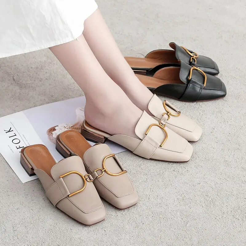 

Hot new single shoes casual retro square head low heel half drag Wild metal buckle simple flat bottom large size women's shoes.