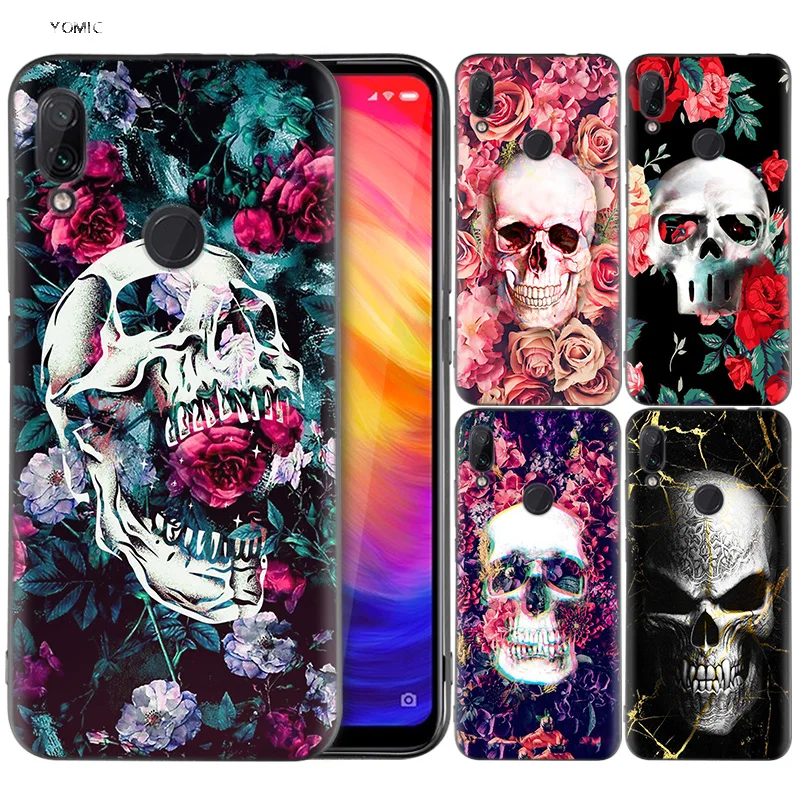 

Silicone Coque Case for Xiaomi Redmi Note 7 6 5 Pro Mi A1 A2 8 Lite 9 GO Poco F1 S2 4 4X Plus Floral Sugar Skull