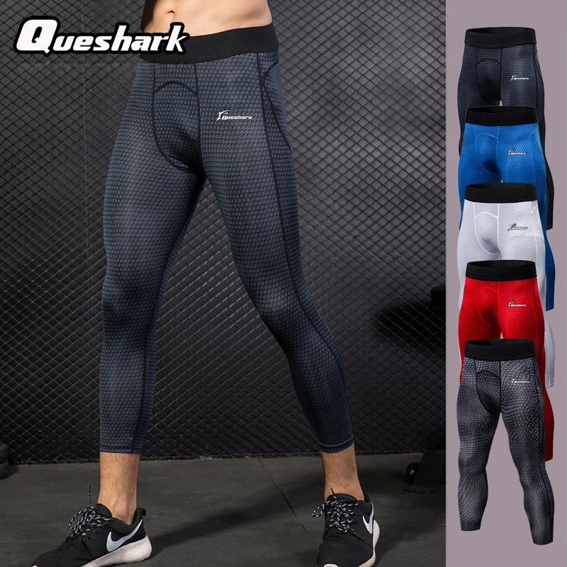 

Queshark Professional Men Compression Dry Cool Sports Cropped Tights Pants Printing Baselayer Running Yoga Fitness Leggings