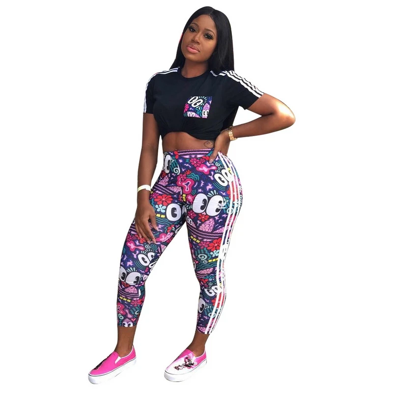 

Cartoon Print Two Piece Set Bodycon Bandage Outfits For Women Striped Side Sweatsuit Set Sexy Casual Matching Suits Clothing