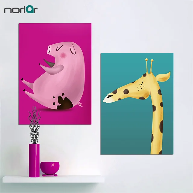 modern art cartoon animal oil painting print on canvas cute pink pig