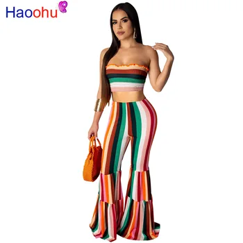 

HAOOHU Striped Two Piece Set Summer Clothes for Women Strapless Crop Top and Flare Pant Suit Sexy 2 Piece Outfits Matching Sets