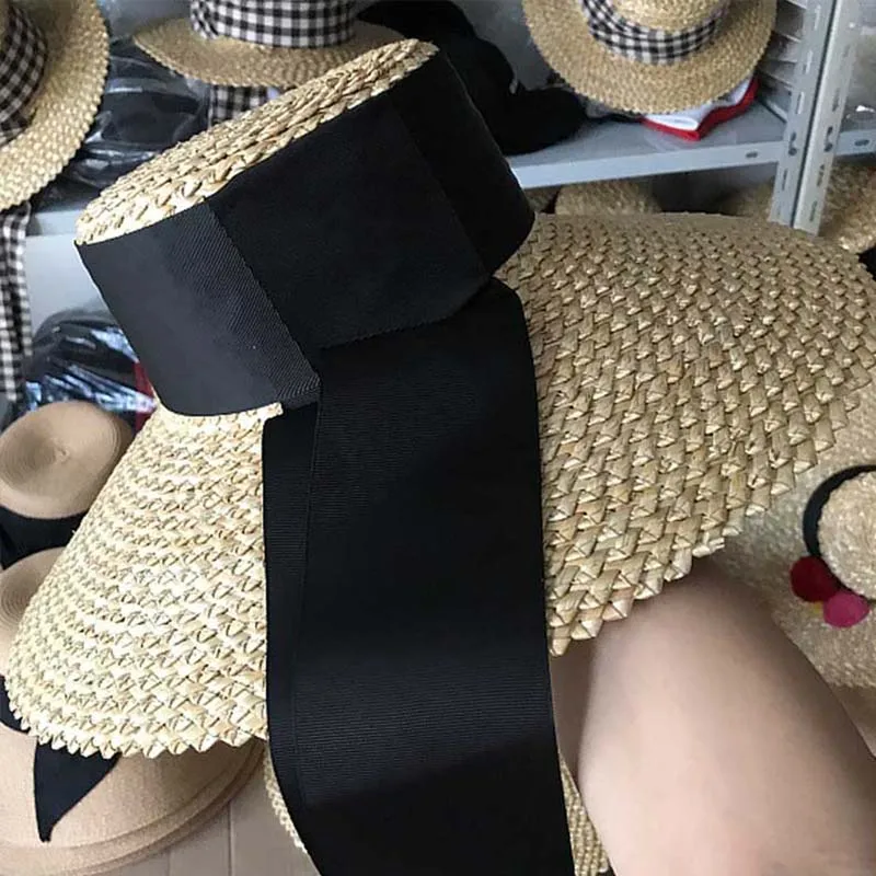 Women Classical Wheat Straw Hat Summer Cap 18cm Large Wide Brim Sun Hat Elegant Floppy Ribbon Beach Hat Vocation Derby Hat - Цвет: 12cm brim style2