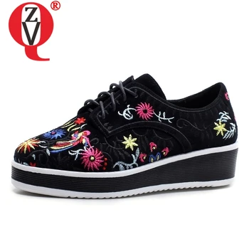 

ZVQ shoes woman spring new fashion embroider flock square toe woman pumps outside med wedges platform cross-tied ladies shoes