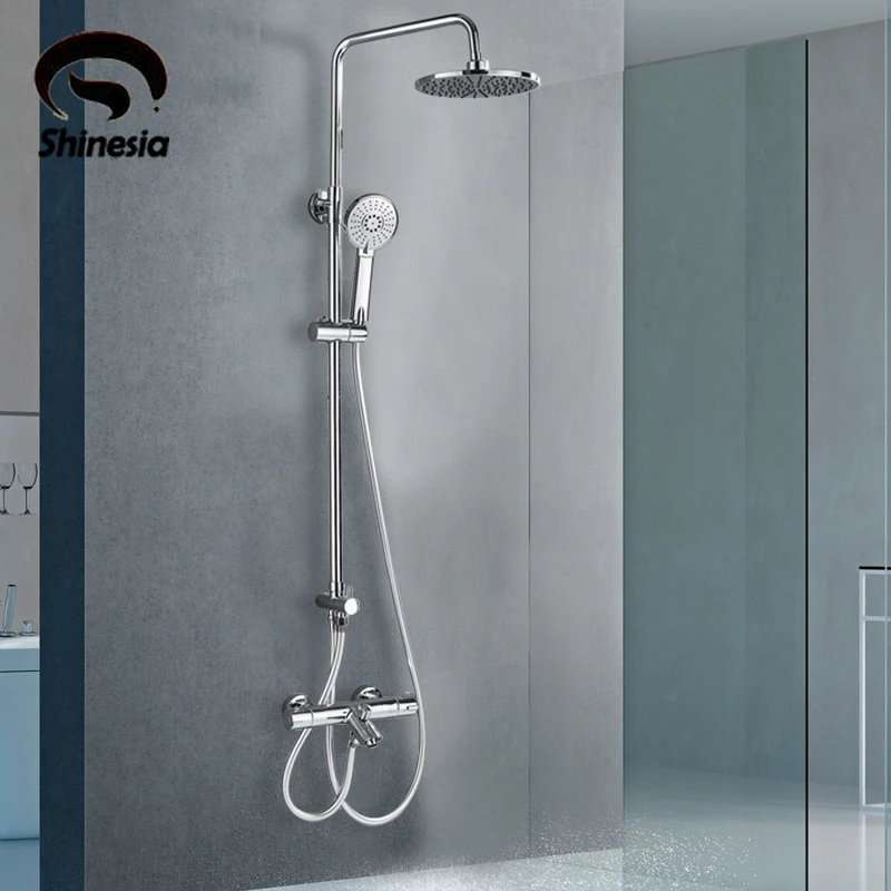 

Shinesia Luxury Chrome Thermostatic Shower Faucet Set Wall Mount Rain Shower Faucet With Hand Shower Tub Spout Hot Cold Mixer