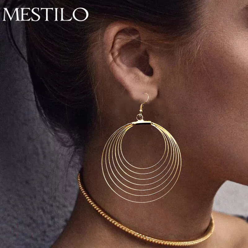 

MESTILO Super Oversized Big Circle Long Drop Earrings Gold Sliver Color Geometric Large Hollow Round Dangle Earrings For Women