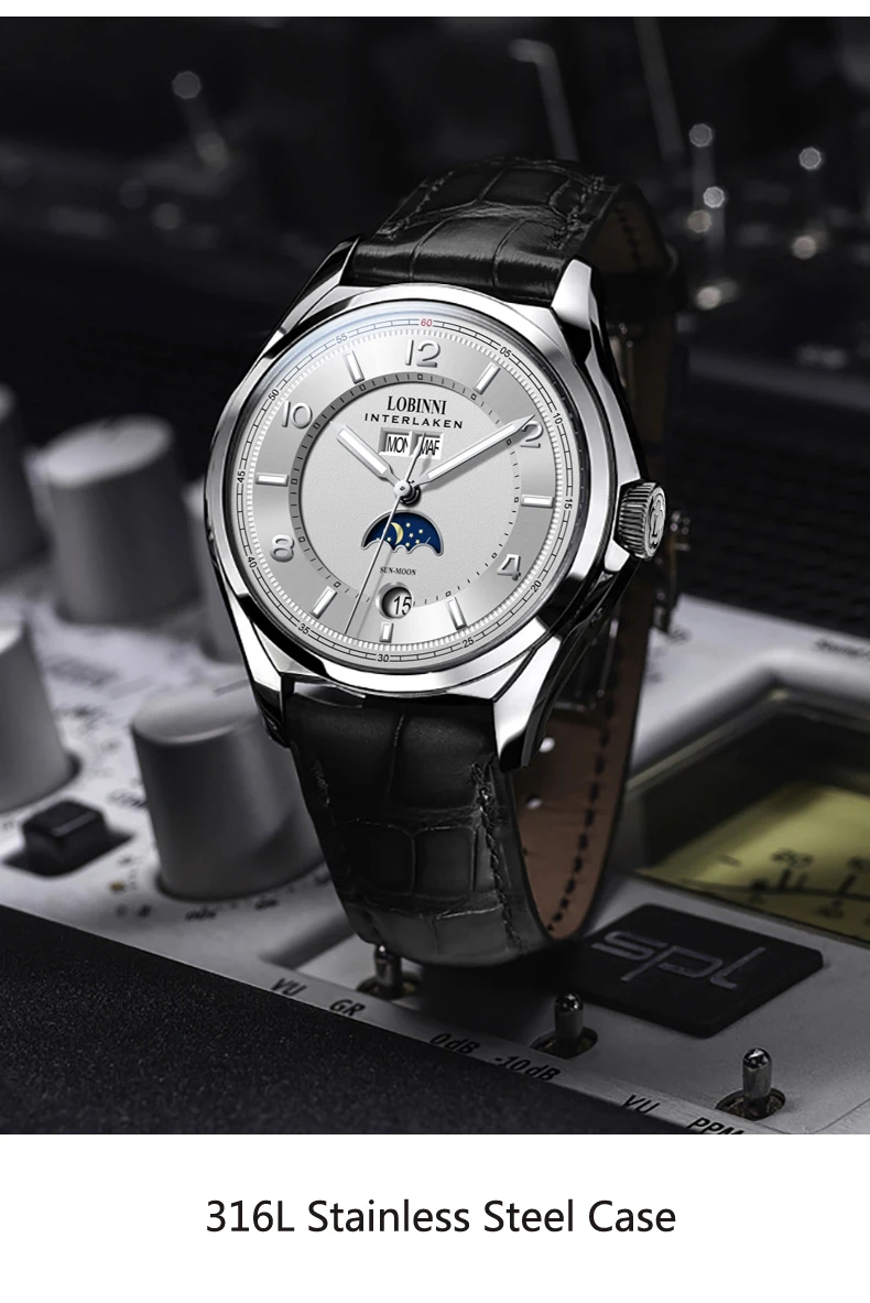 Швейцарские роскошные Брендовые Часы LOBINNI, Мужские автоматические механические часы, многофункциональные сапфировые часы с фазой Луны L18016-1