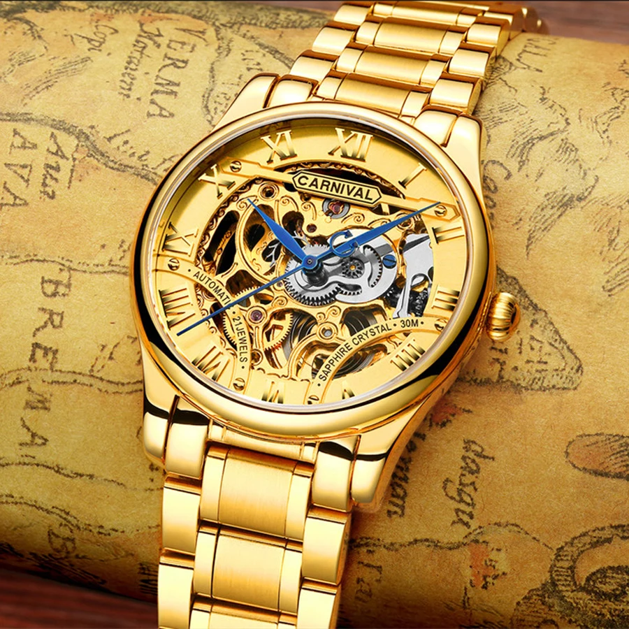 

Carnival Top Brand Luxury Men's Gold Watch Skeleton Automatic Mechanical Watches Sapphire High Quality Gold Strap does not fade