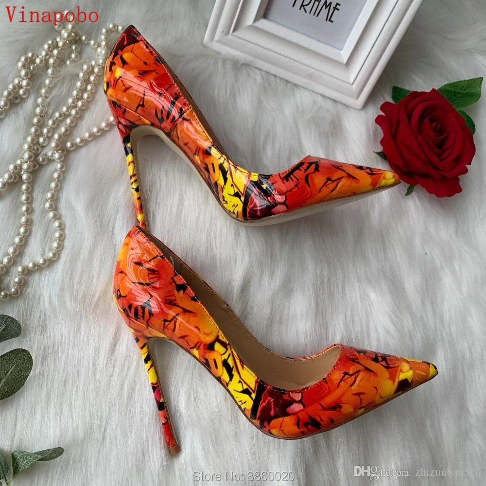 

Women Pumps High Heels Colorful Ladies Yellow Floral Printing Shallow Slip On Pointed Toe Office Shoes Female Dress Wedding Shoe