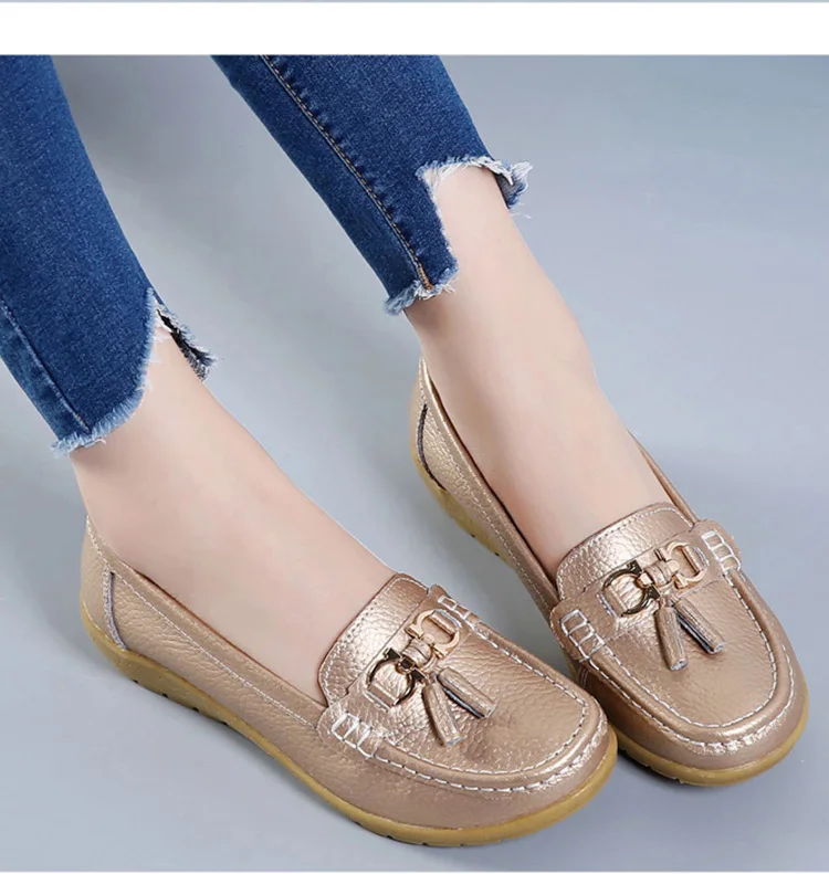 Fashion Shoes Women Genuine Leather Shoes Woman Fashion Casual Wedge Loafers Shoes Slip-on Round Toe Shoe For Women Mocasin