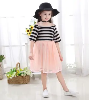 

2019 summer new ins girls children's fashion trend striped stitching mesh dress in the big girl princess dress