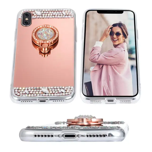 Dir-Maos For iPhone Xs Max Case Xr X 8 7 6 6s Plus 5 5s SE Women Mirror Back Panel Soft Cover Bling Finger Ring Stand Hold Cute