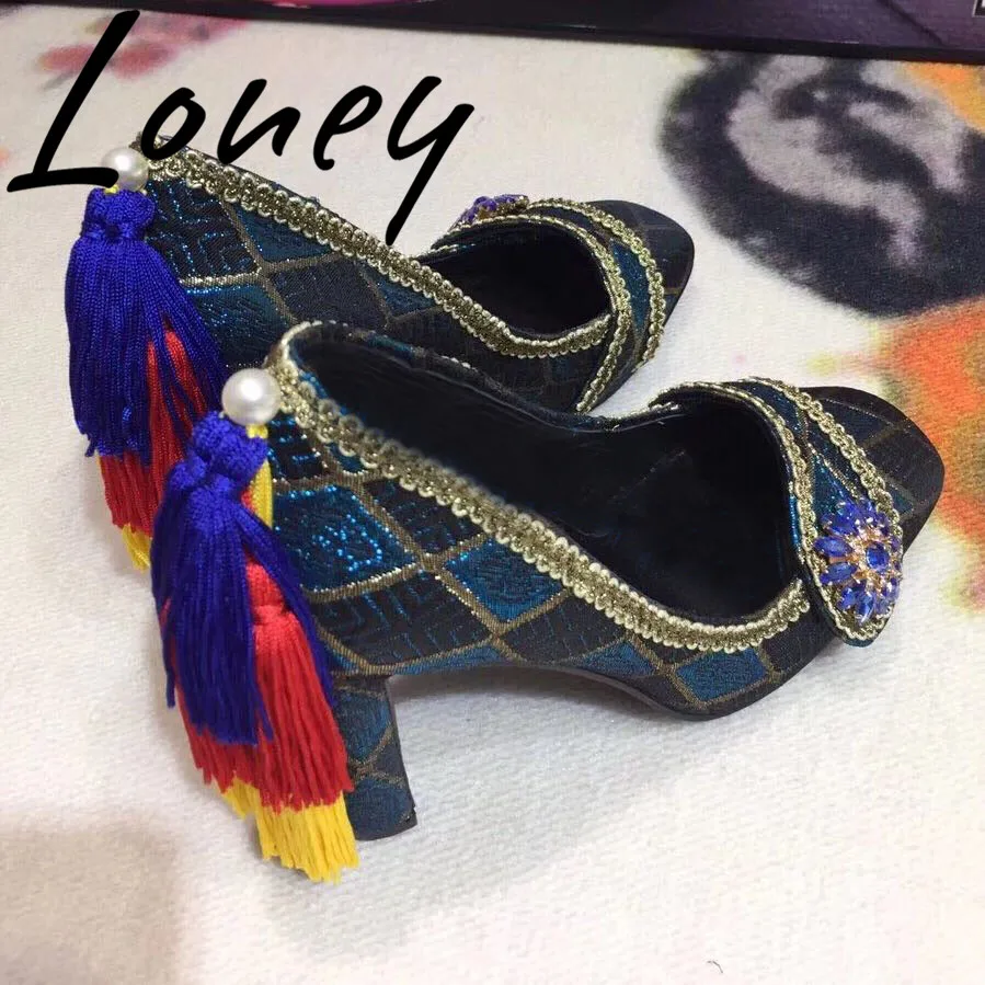 

Loney New Satin Crystal Beading Jewel Women Pumps Square Toe Fringe Thick HIgh Heels Fringe Wedding Pumps Shoes Women