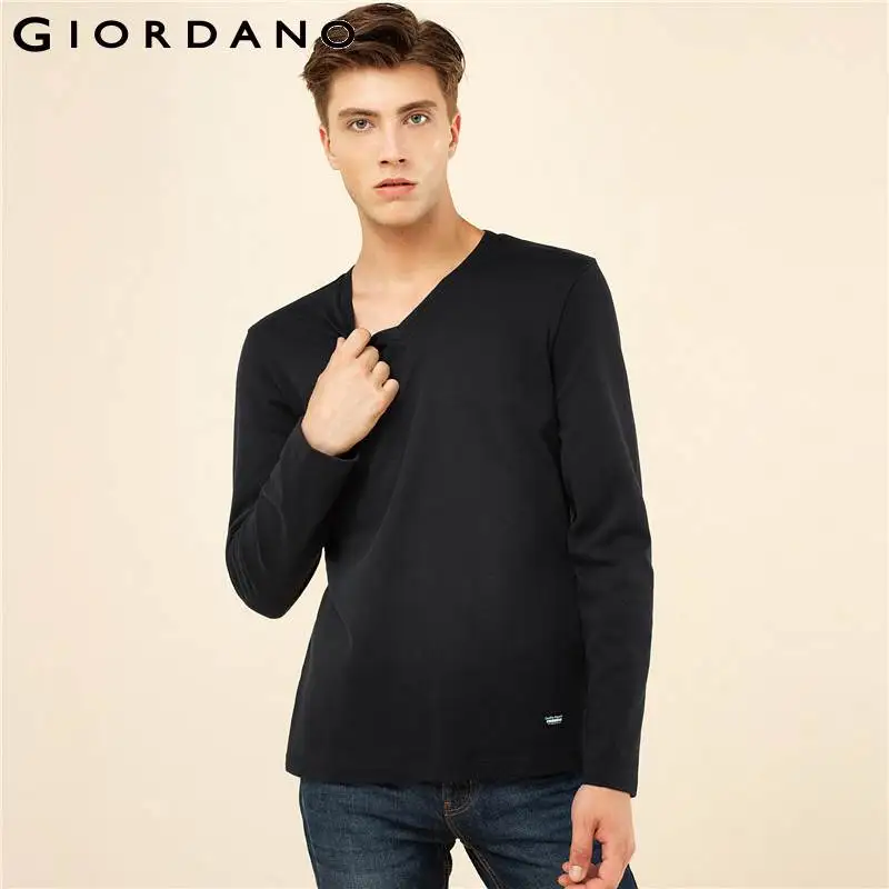 Giordano Мужская футболка однотонная с v-образным вырезом длинными рукавами